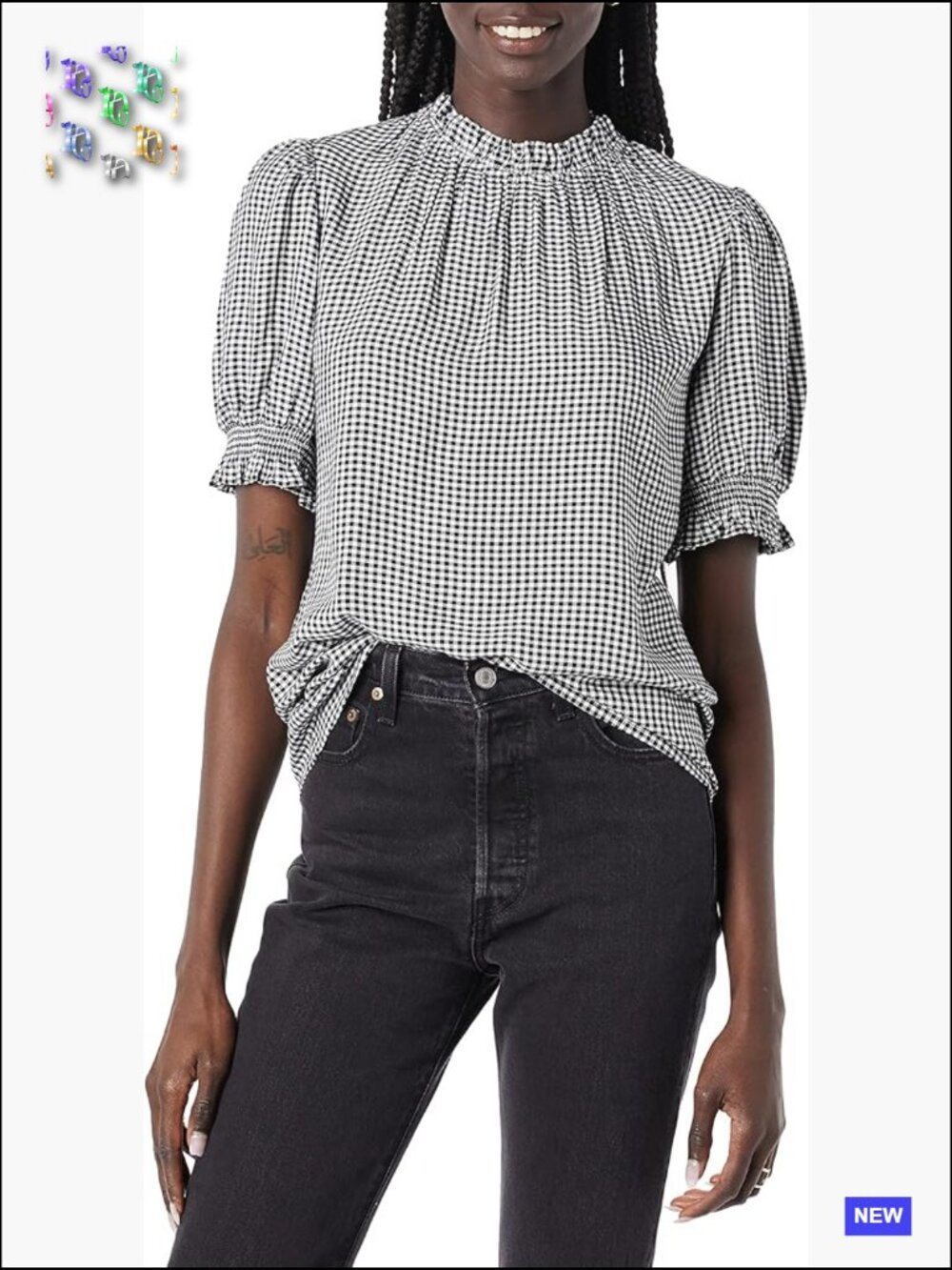 Fluid Twill Short Puff Sleeve Ruffle Smocked Blouse Relaxed Fit